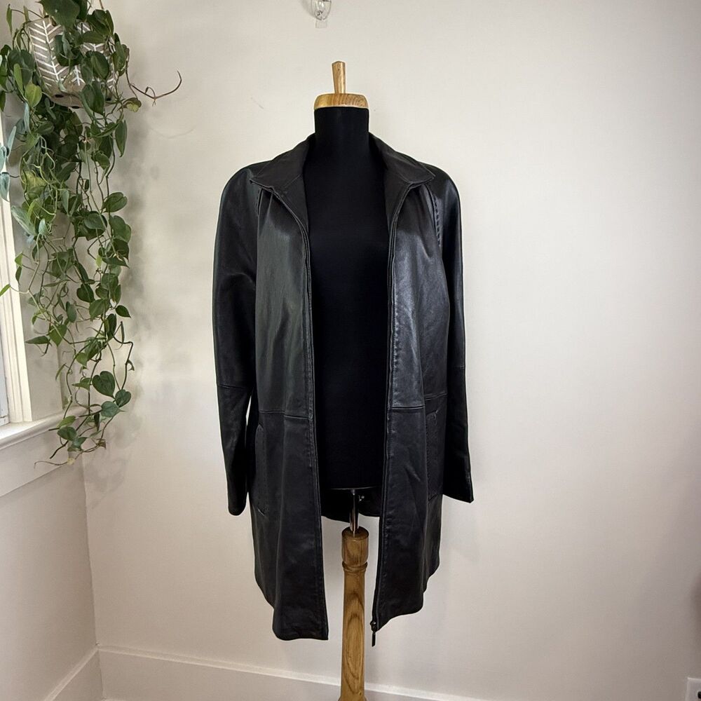 Vintage 90s Y2K Soft Black Lambskin Stitch Detail Leather Car Coat Jacket, Large